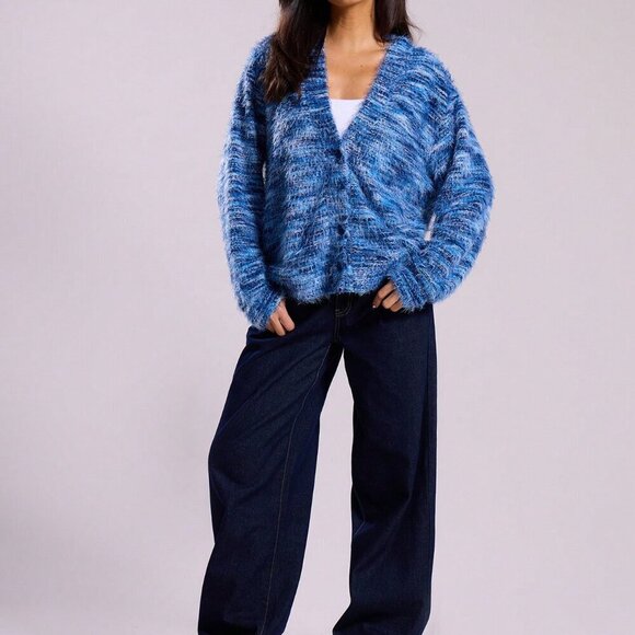 Blue Casual Women's Oversized Textured sweater cardigan - Picture 5 of 6